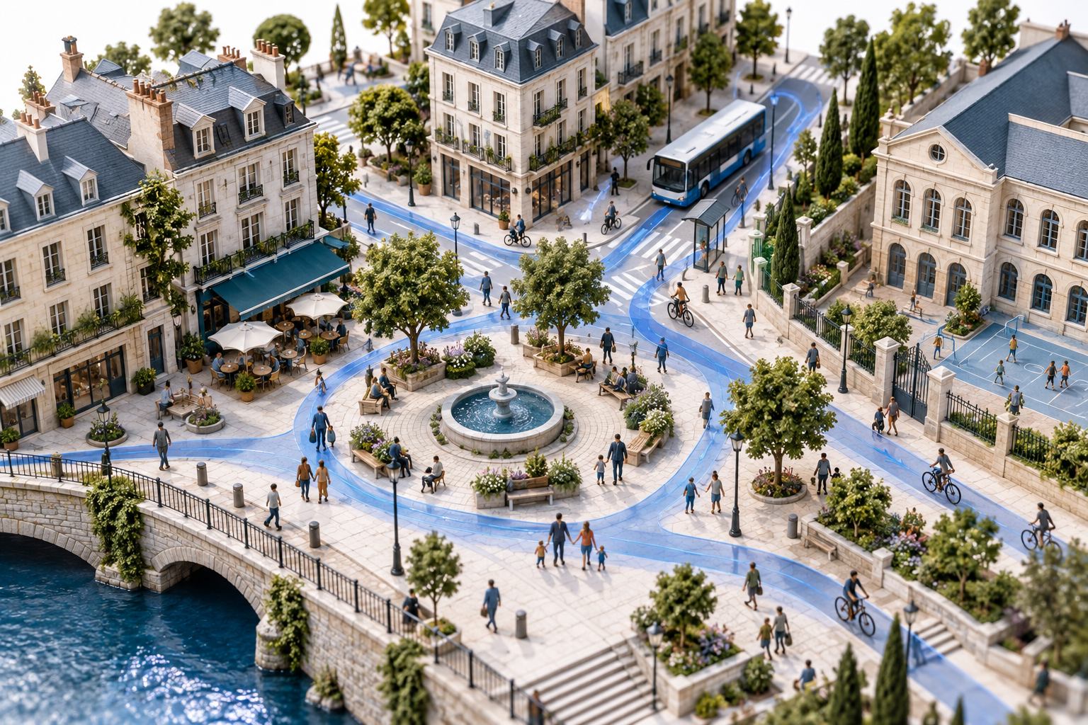 Conceptual miniature city with households, pedestrians, cyclists and a bus connected by paths representing daily routines