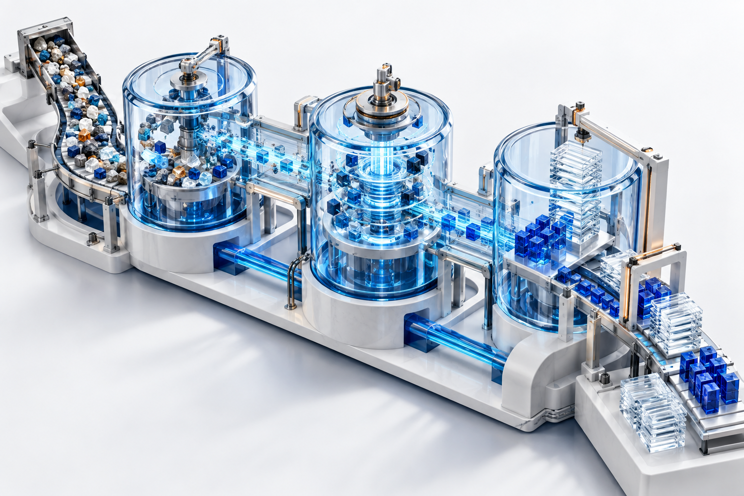 Conceptual precision factory with translucent chambers, inspection gates and streams of material becoming structured data