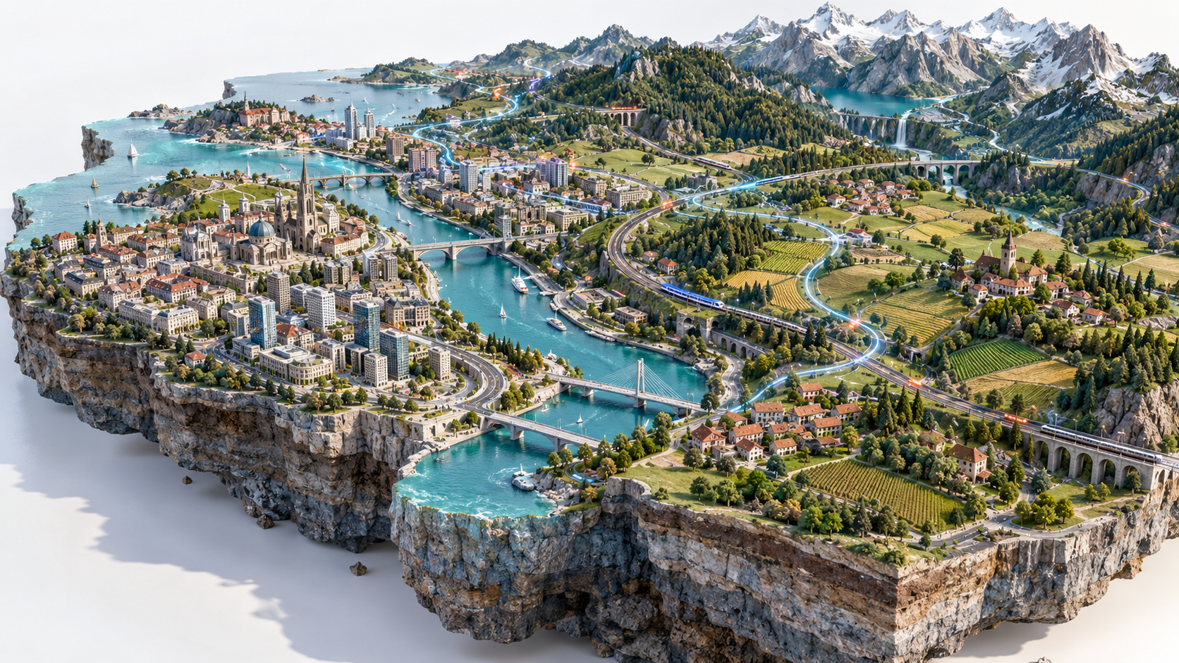 Conceptual miniature region with cities, villages, roads and illuminated paths that suggest population movement